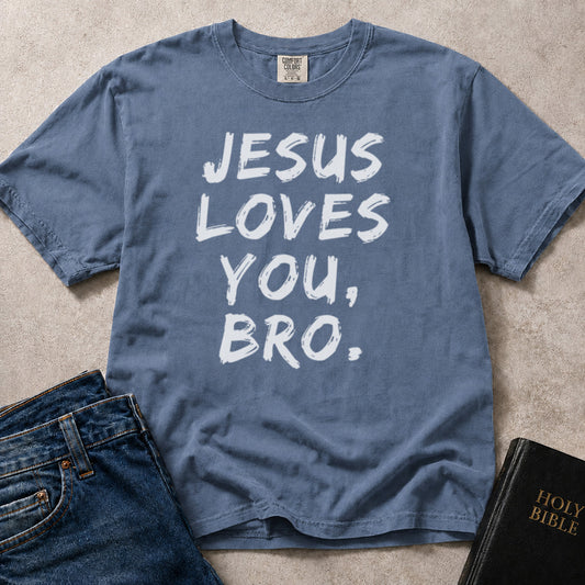 Blue (Blue Jean) Comfort Colors® 1717 Christian tshirt showcasing Jesus Loves You Bro typography in a casual uplifting design.