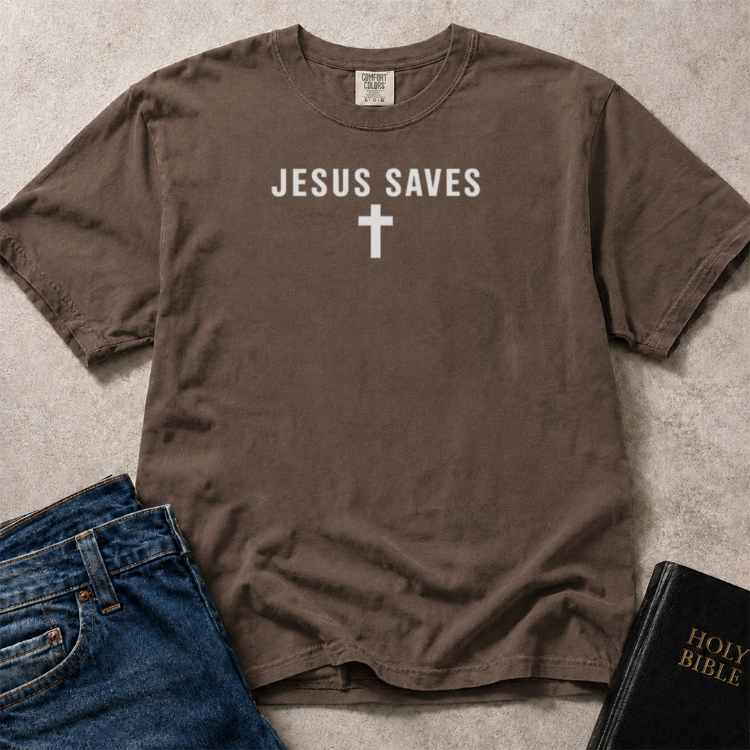 Jesus Saves minimalist text and cross graphic on brown (Espresso) Comfort Colors 1717® t-shirt.