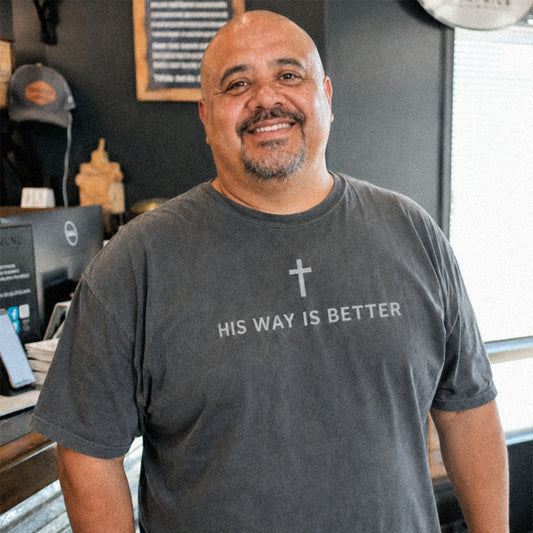 James wearing a His Way Is Better Christian faith statement graphic tee.