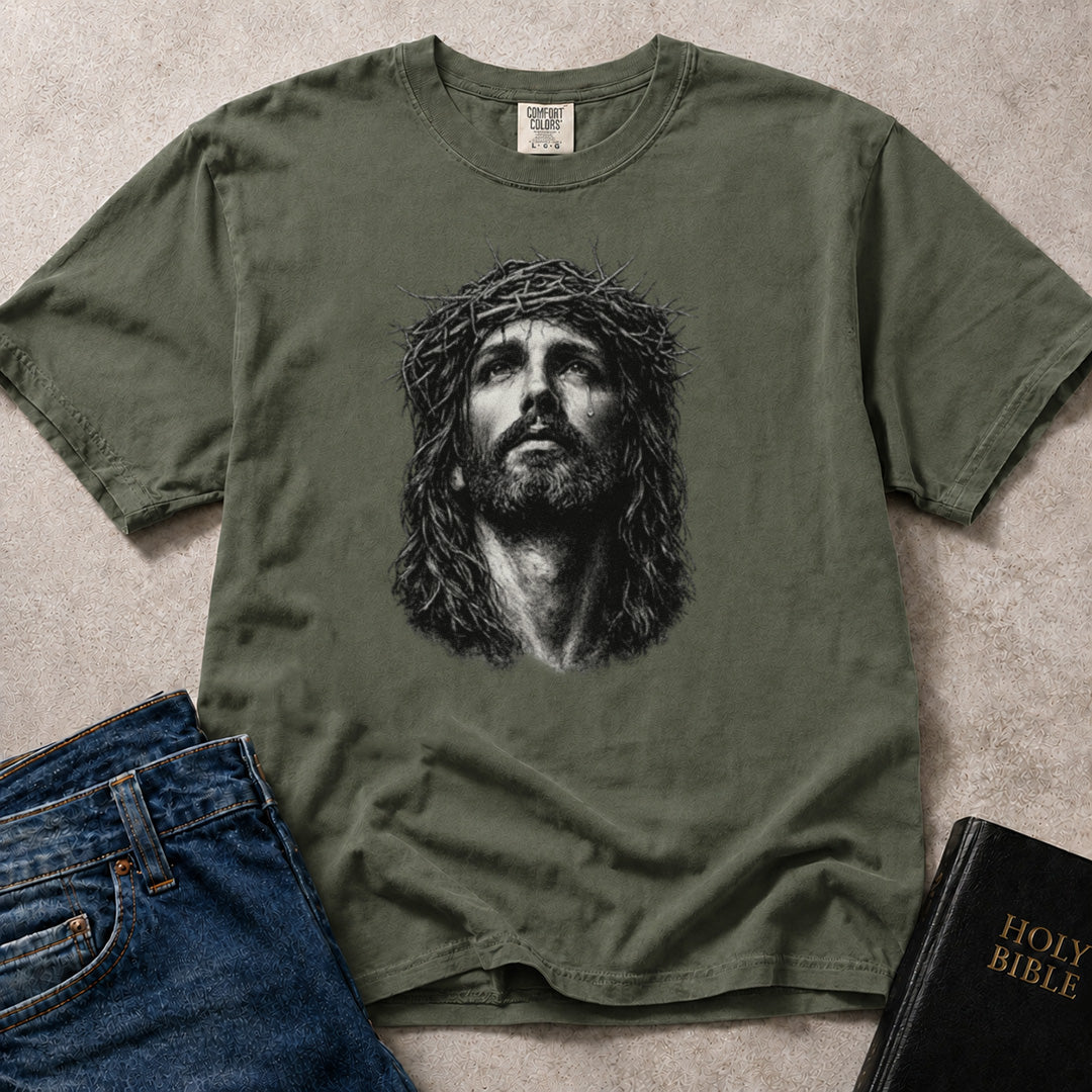 Portrait of Jesus Christ graphic t-shirt printed on green (Moss) Comfort Colors 1717® tee.