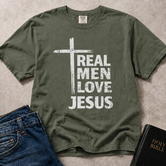 Real Men Love Jesus Christian life graphic on green (Moss) Comfort Colors 1717® tee.