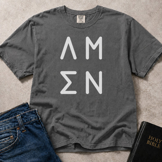Charcoal Gray (Pepper) Comfort Colors® 1717 faith based tee featuring clean Amen text artwork in a modern layout.
