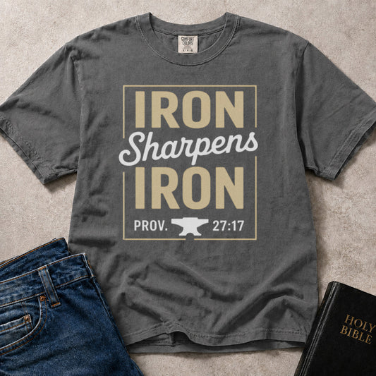 Charcoal Gray (Pepper) Comfort Colors® 1717 tshirt with Iron Sharpens Iron and Proverbs 27:17.