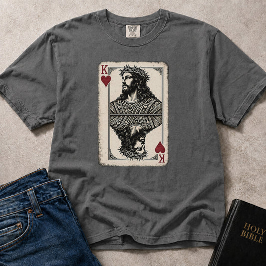 Charcoal Gray (Pepper) Comfort Colors® 1717 faith based tee featuring a King of Hearts visual design inspired by Jesus.