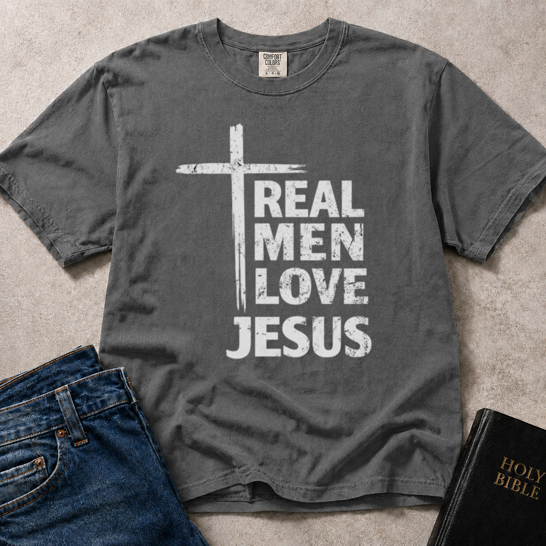 Real Men Love Jesus Christian t-shirt on charcoal gray (Pepper) Comfort Colors 1717® shirt.