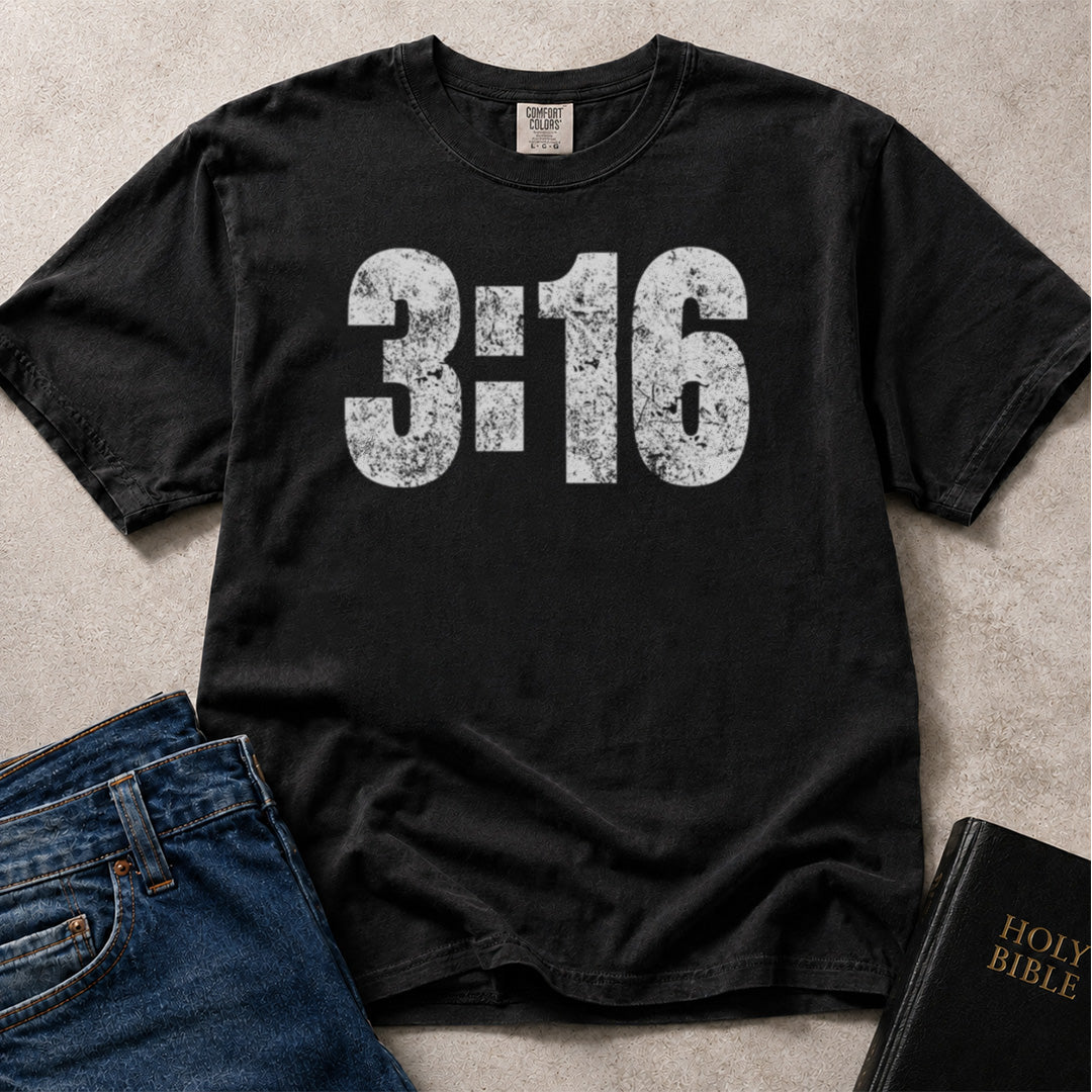 John 3:16 Christian graphic on black Comfort Colors 1717® shirt.