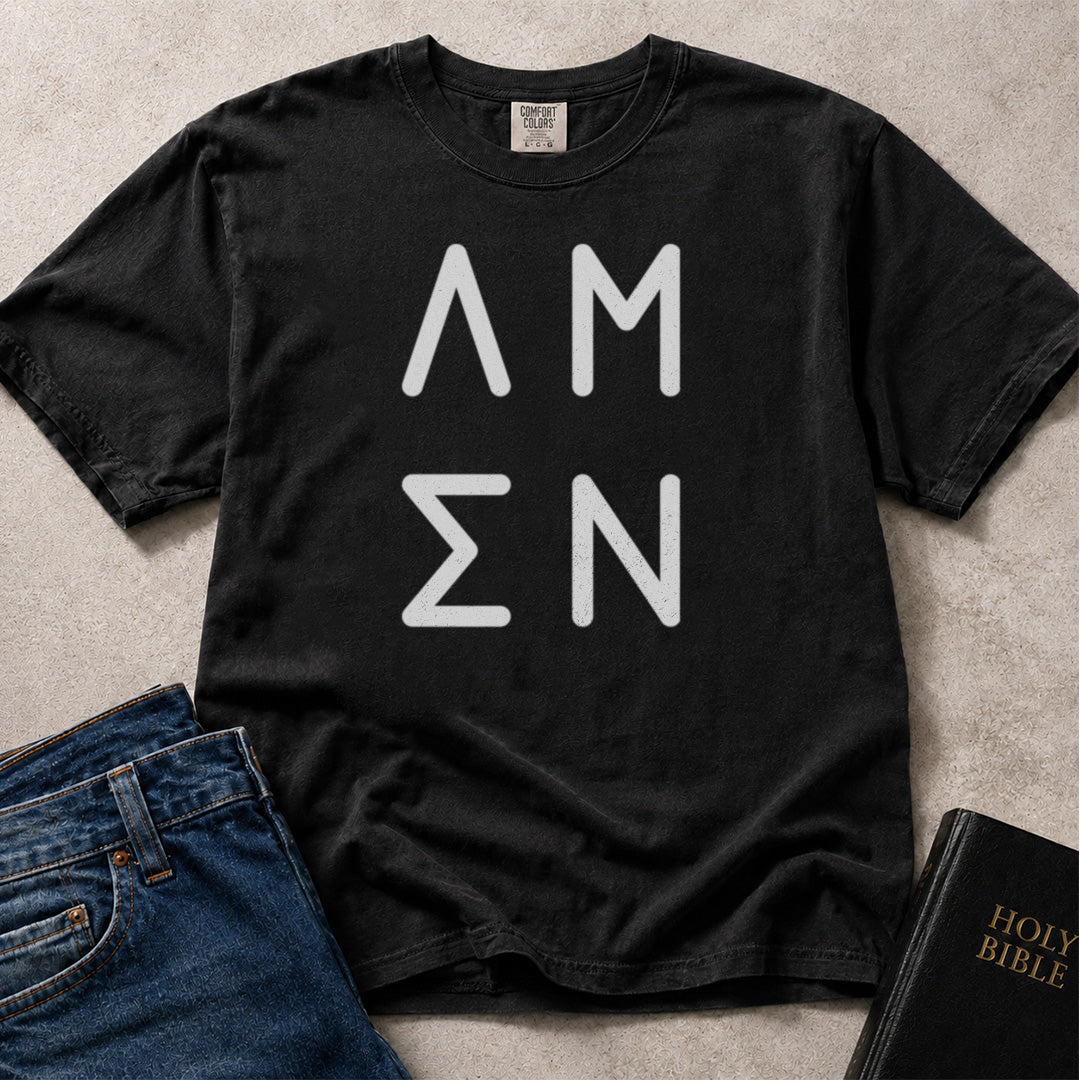 Black Comfort Colors® 1717 Christian typographic t-shirt featuring a clean modern Amen design.