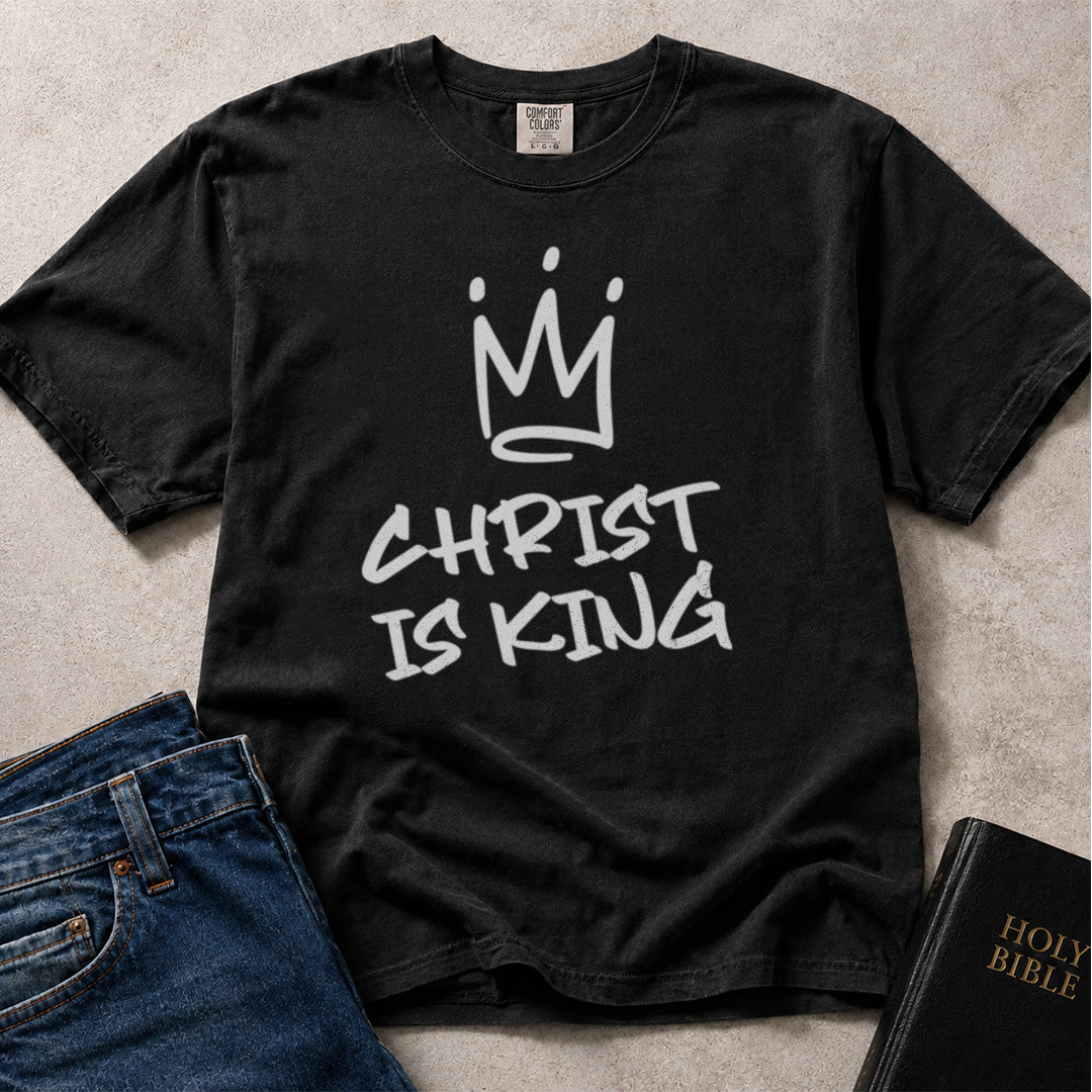 Comfort Colors 1717 black Christian t-shirt with 'Christ is King' text and crown graphic.