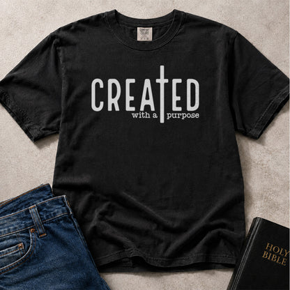 Black Comfort Colors® 1717 Christian graphic t-shirt featuring Created with a Purpose artwork with an uplifting and meaningful message.