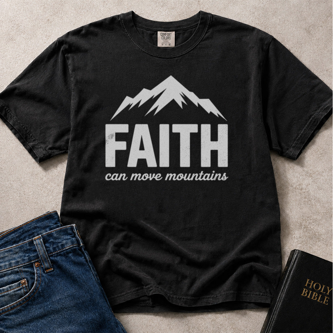 Blue faith t-shirt with 'FAITH can move mountains' text and mountain graphic on Comfort Colors 1717 black tee.