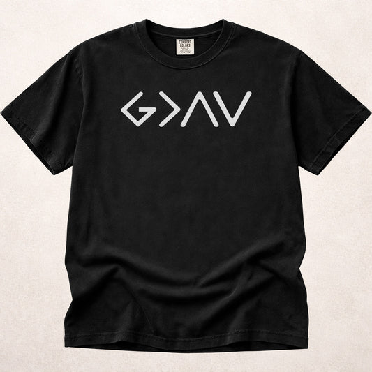 God Is Greater Than The Highs And Lows Christian encouragement message on black Comfort Colors 1717® t-shirt.
