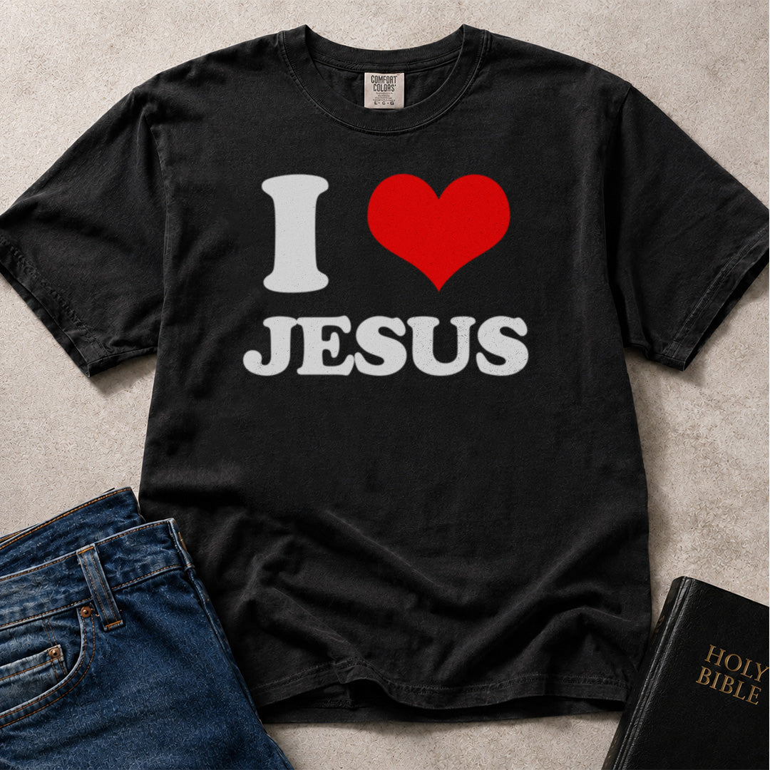 Black Comfort Colors® 1717 tee with I Love Jesus text and heart graphic.