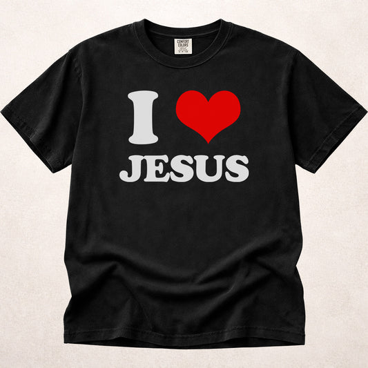 Black Comfort Colors® 1717 tee with I Love Jesus text and heart graphic.