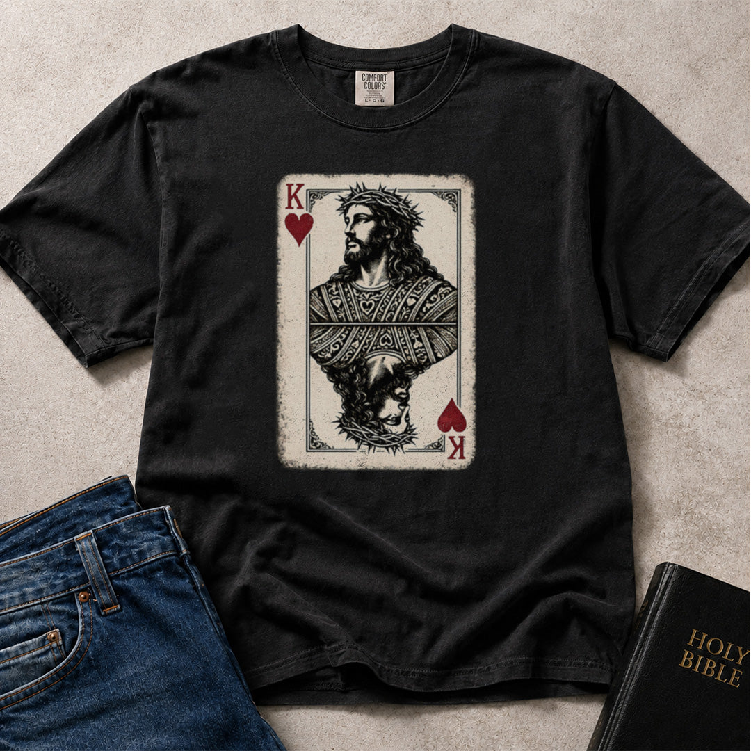 Black Comfort Colors® 1717 Christian playing card graphic featuring Jesus as the King of Hearts.