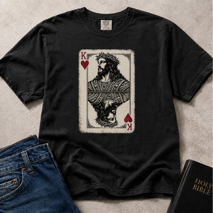 Black Comfort Colors® 1717 Christian playing card graphic featuring Jesus as the King of Hearts.