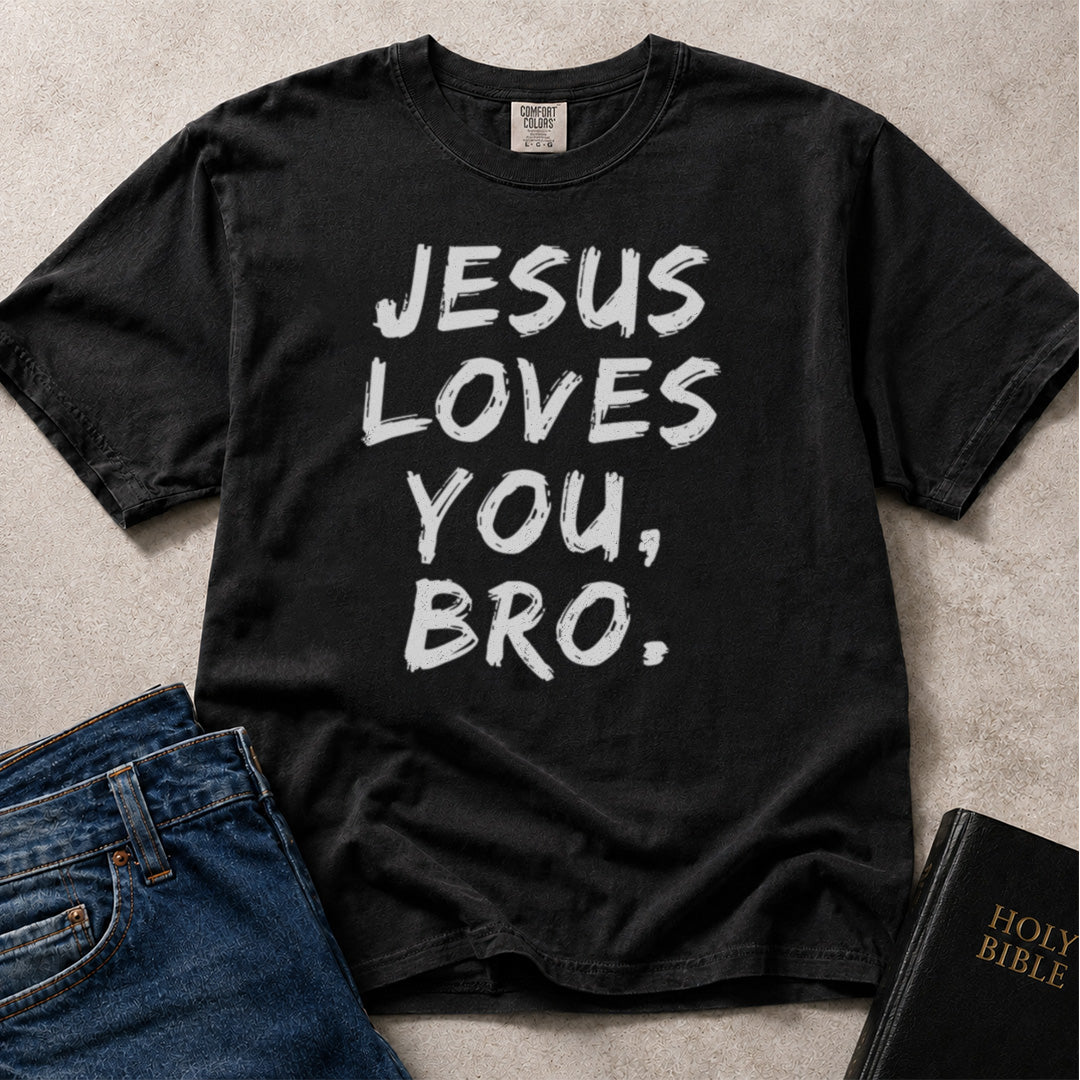 Black Comfort Colors® 1717 Christian text based t-shirt featuring the phrase Jesus Loves You Bro in a fun encouraging style.