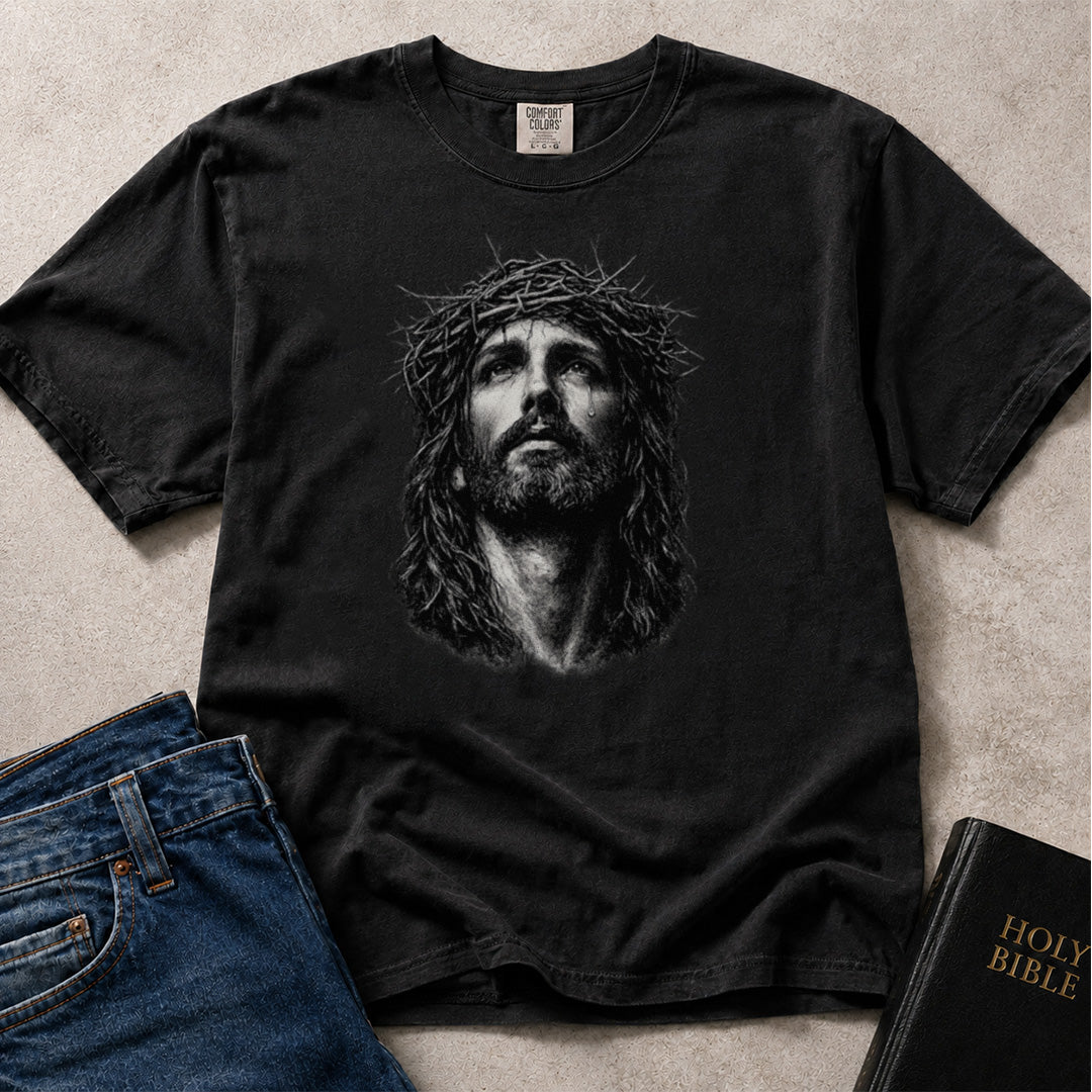Crown of Thorns Jesus Portrait faith based design on black (Black) Comfort Colors 1717® shirt.