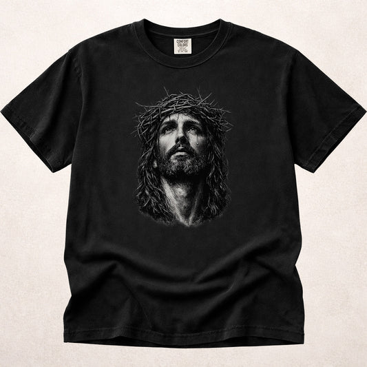 Crown of Thorns Jesus Portrait faith based design on black (Black) Comfort Colors 1717® shirt.