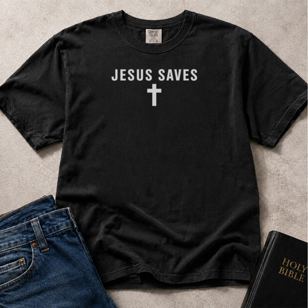 Jesus Saves inspirational message on black Comfort Colors 1717® tee.
