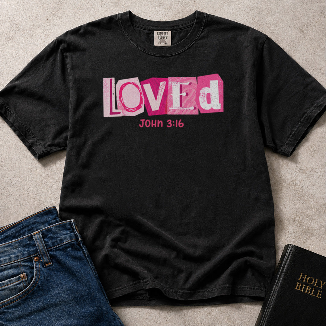 Black Comfort Colors 1717 Bible t-shirt with pink 'LOVED' text and John 3:16.