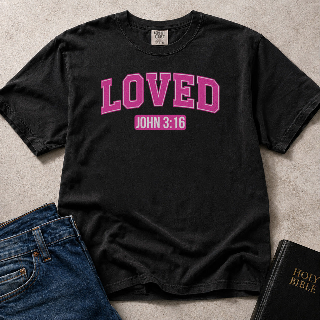 Black (Black) Comfort Colors® 1717 t-shirt with Loved John 3:16 scripture design, a meaningful Christian message for everyday wear.