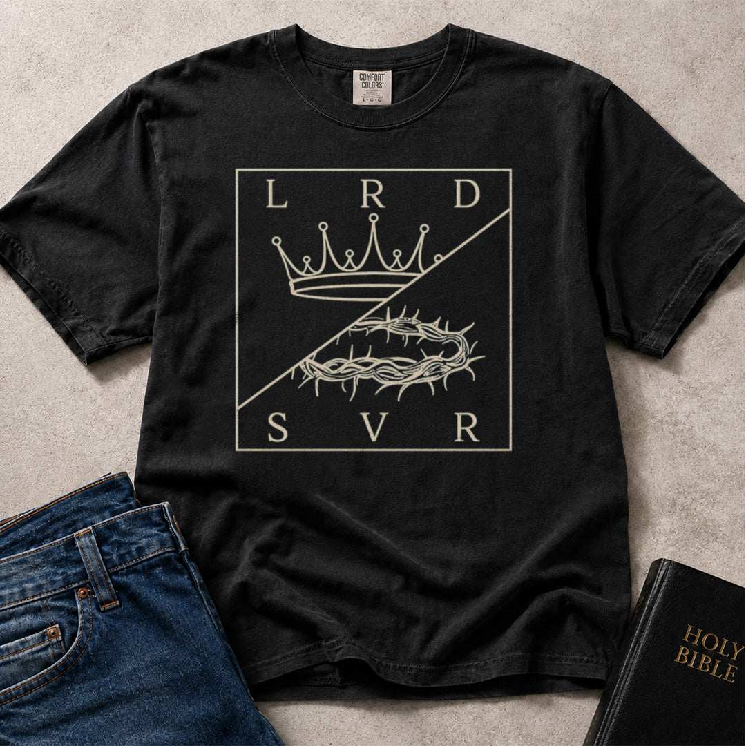 Black Comfort Colors® 1717 t-shirt featuring a graphic Lord and Savior design with a royal crown and crown of thorns illustration.