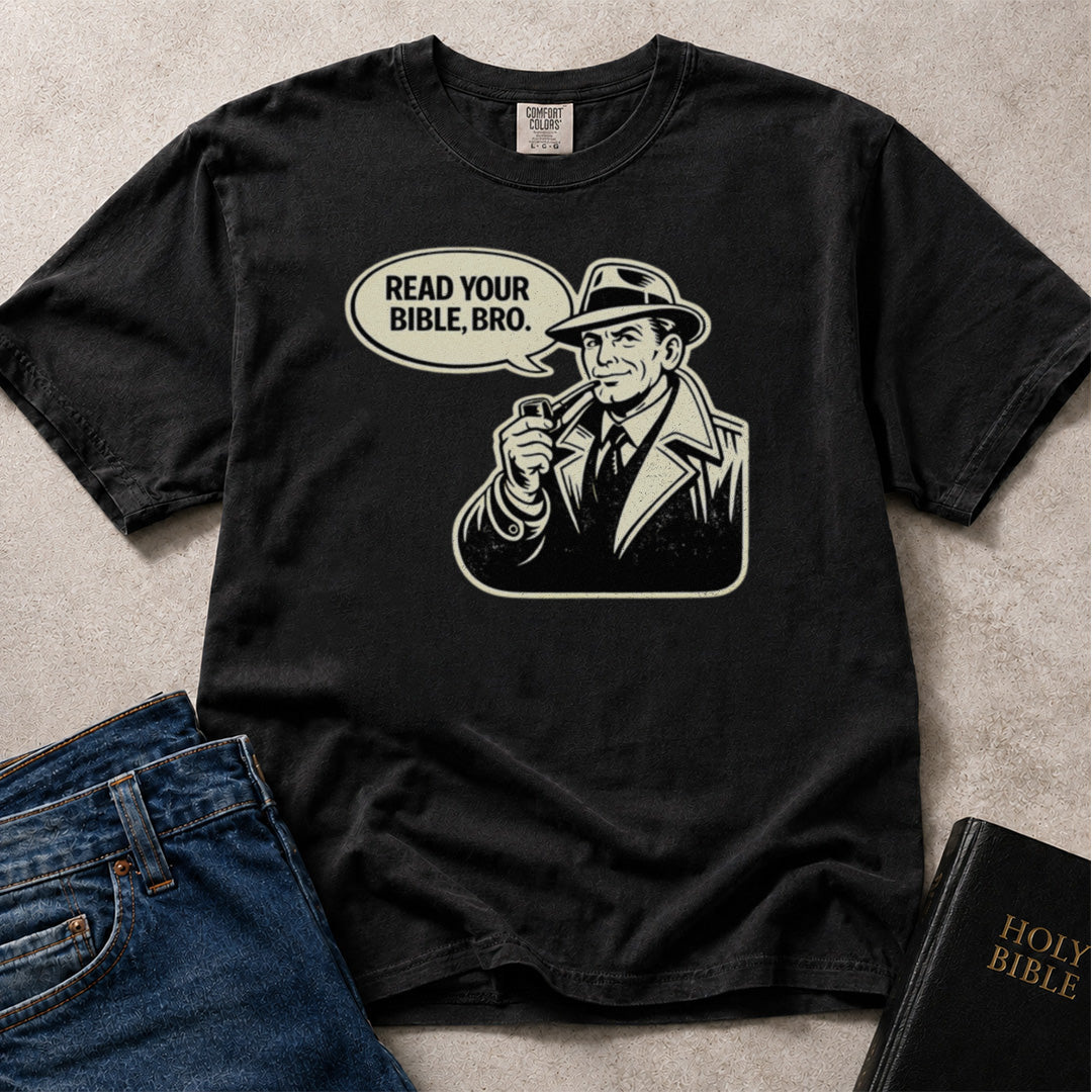 Black Comfort Colors 1717 Christian  t-shirt with a retro graphic of a man in a suit and hat and text 'Read your Bible, bro.' 