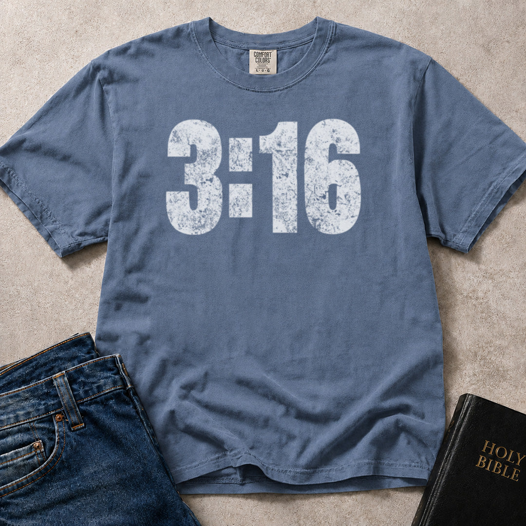 John 3:16 devotional message print on blue (Blue Jean) Comfort Colors 1717® t-shirt.