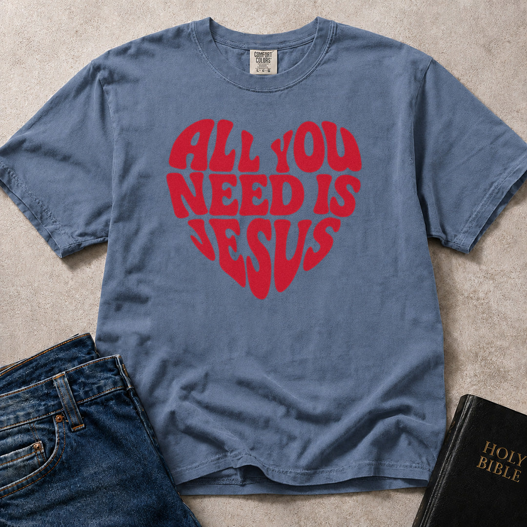 Blue (Blue Jean) Comfort Colors® 1717 t-shirt featuring All You Need Is Jesus lettering arranged in a heart design.