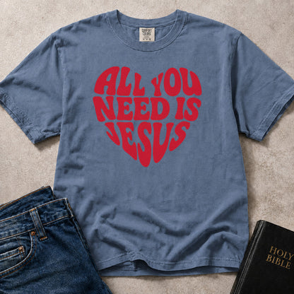 Blue (Blue Jean) Comfort Colors® 1717 t-shirt featuring All You Need Is Jesus lettering arranged in a heart design.