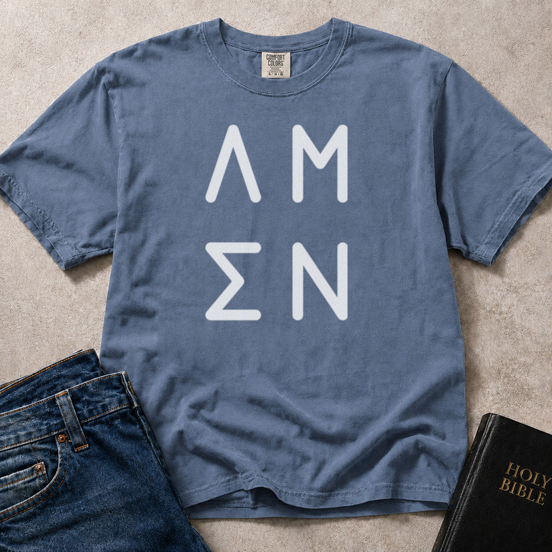 Blue (Blue Jean) Comfort Colors® 1717 Christian tshirt showcasing understated Amen typography with a meaningful faith theme.