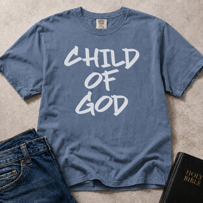 Child of God inspirational faith print on blue (Blue Jean) Comfort Colors 1717® tee.