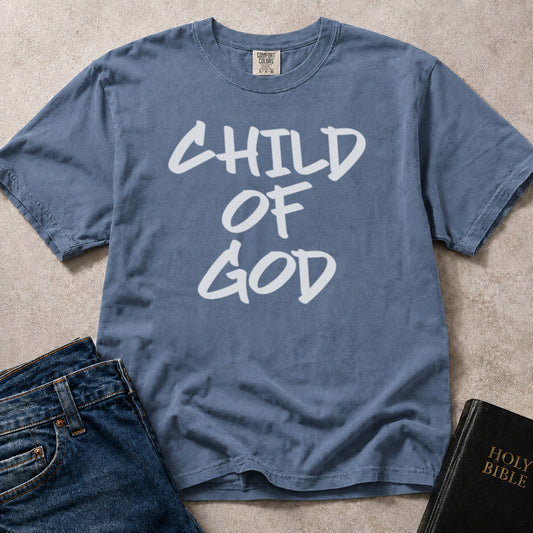 Child of God inspirational faith print on blue (Blue Jean) Comfort Colors 1717® tee.