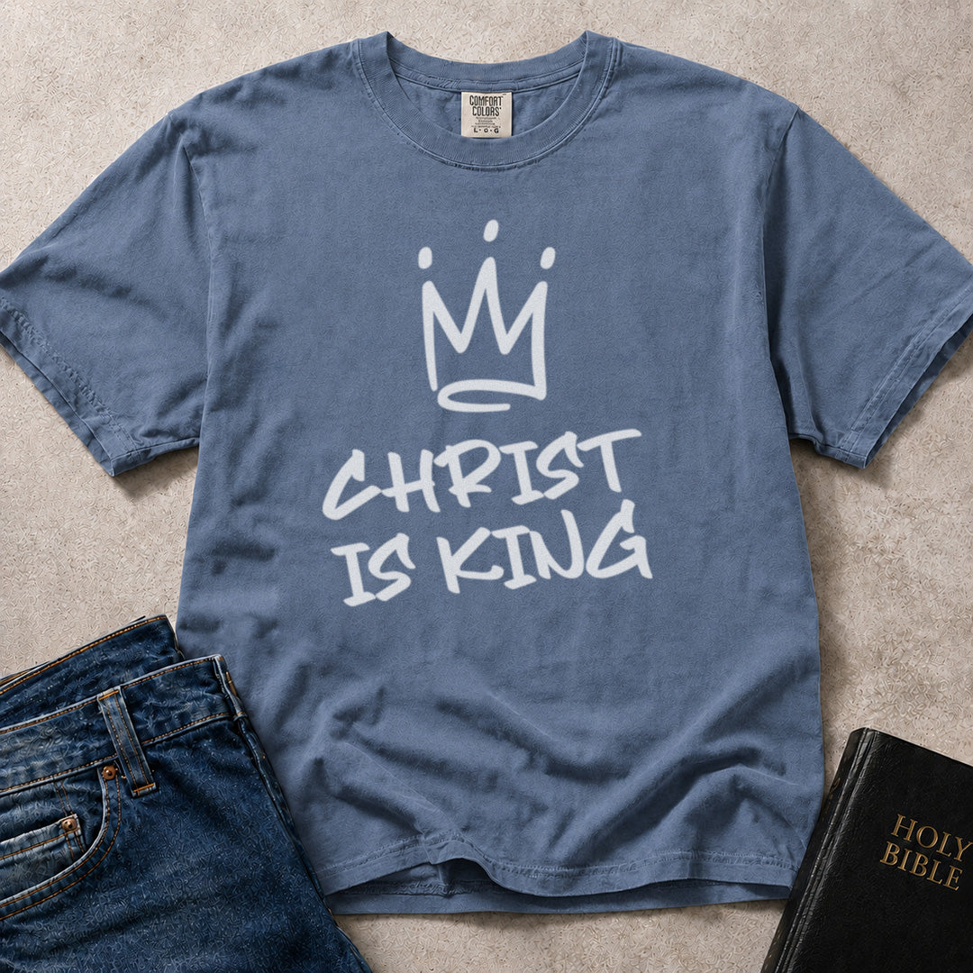 Comfort Colors 1717 blue Jesus t-shirt with 'Christ is King' text and crown graphic.
