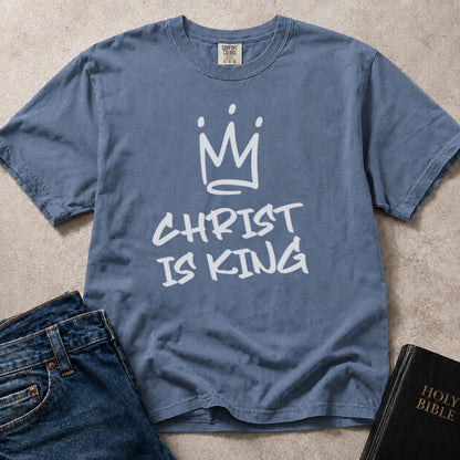 Comfort Colors 1717 blue Jesus t-shirt with 'Christ is King' text and crown graphic.
