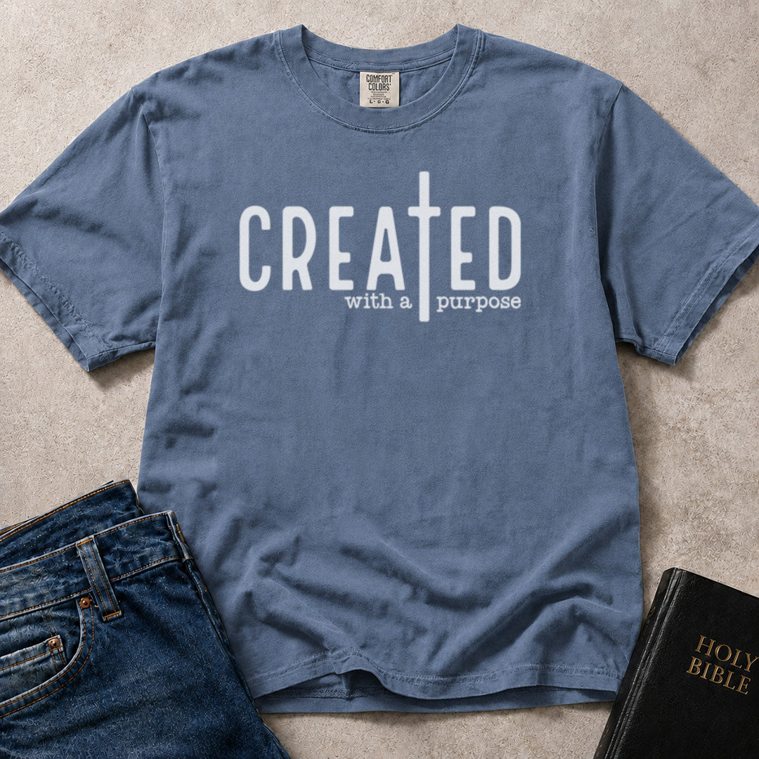 Blue (Blue Jean) Comfort Colors® 1717 Christian tshirt with encouraging Created with a Purpose graphic artwork celebrating purpose and identity.