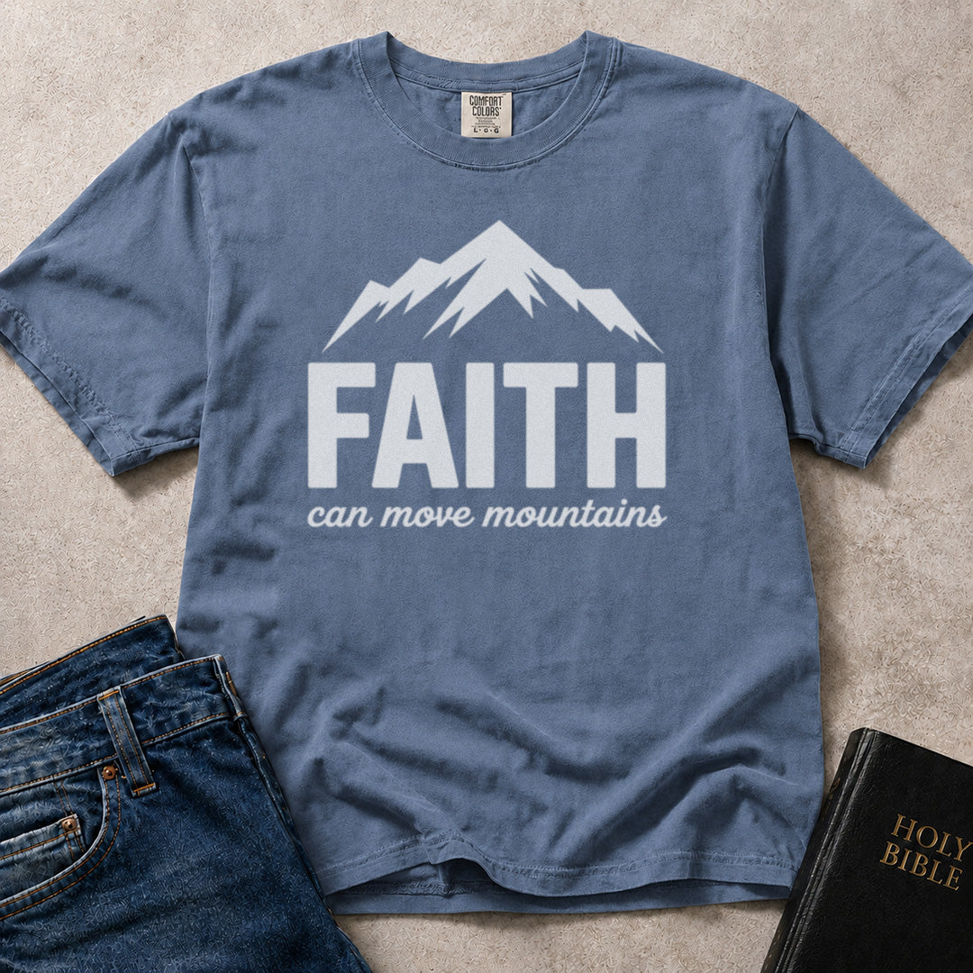 Blue faith t-shirt with 'FAITH can move mountains' text and mountain graphic on Comfort Colors 1717 blue jean tee.