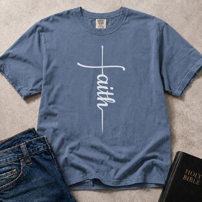 Blue (Blue Jean) Comfort Colors® 1717 t-shirt featuring a cross with faith written in script.