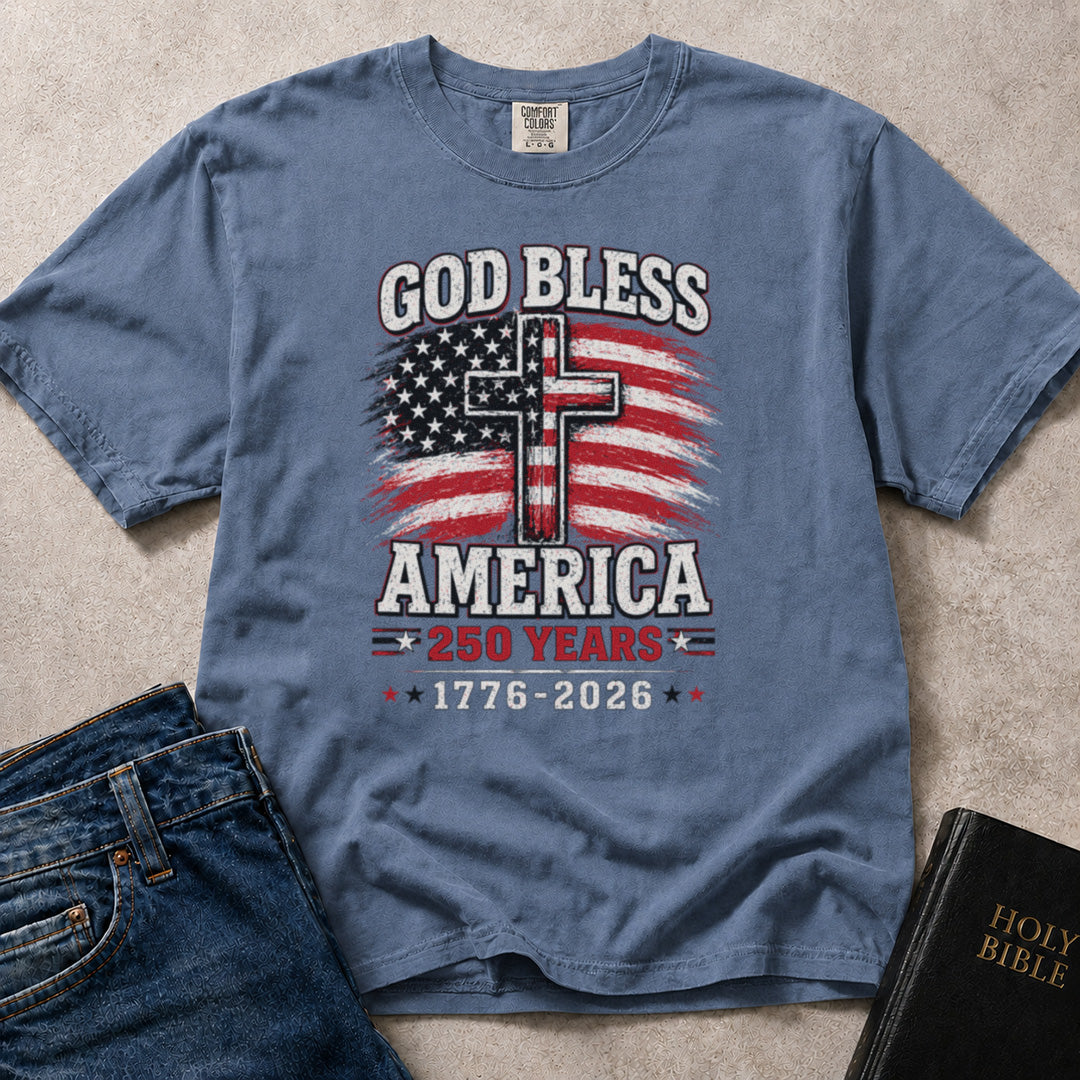 Patriotic Christian t-shirt featuring an American flag, a cross, and God Bless America - 1776 - 2026, 250 years.