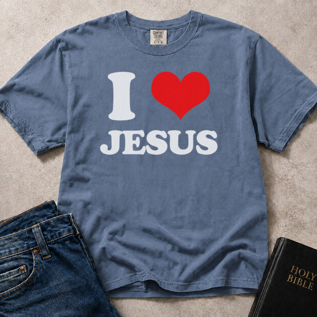 Blue (Blue Jean) Comfort Colors® 1717 t-shirt featuring the instantly recognizable I Heart Jesus lettering with a heart symbol.