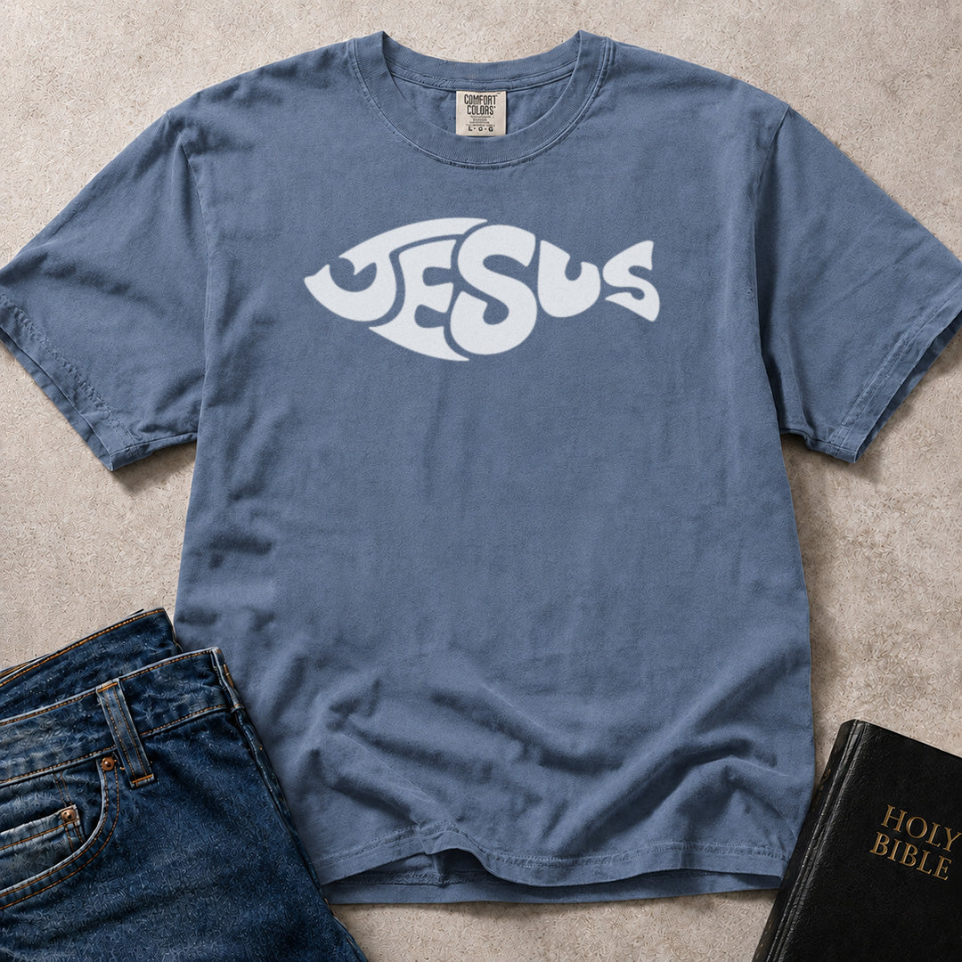 Jesus Fish Word Art Christian faith symbol on blue (Blue Jean) Comfort Colors 1717® tee.