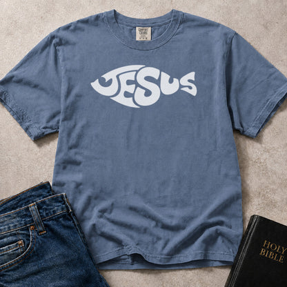 Jesus Fish Word Art Christian faith symbol on blue (Blue Jean) Comfort Colors 1717® tee.
