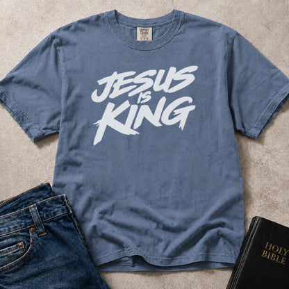 Blue (Blue Jean) Comfort Colors® 1717 t-shirt featuring Jesus Is King lettering in a graffiti inspired design.