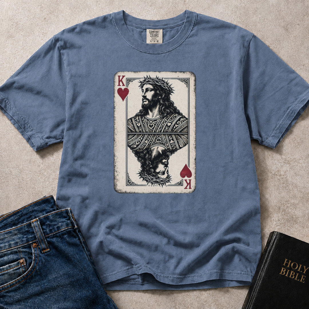 Blue (Blue Jean) Comfort Colors® 1717 Christian tshirt showcasing Jesus King of Hearts graphic artwork with a faith centered theme.