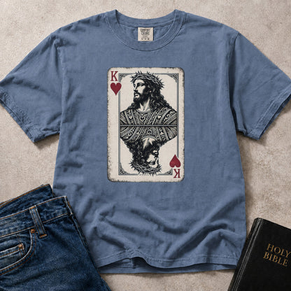 Blue (Blue Jean) Comfort Colors® 1717 Christian tshirt showcasing Jesus King of Hearts graphic artwork with a faith centered theme.