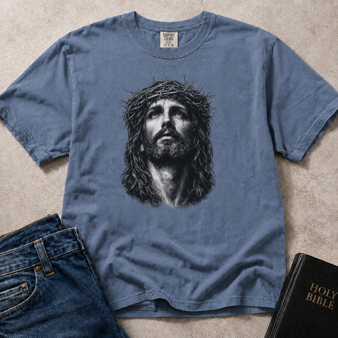 Crown of Thorns Jesus Portrait Christian statement graphic on blue (Blue Jean) Comfort Colors 1717® shirt.