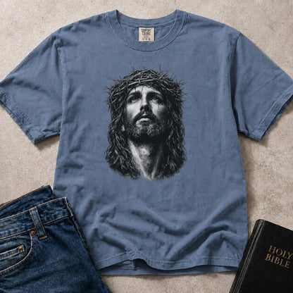 Crown of Thorns Jesus Portrait Christian statement graphic on blue (Blue Jean) Comfort Colors 1717® shirt.