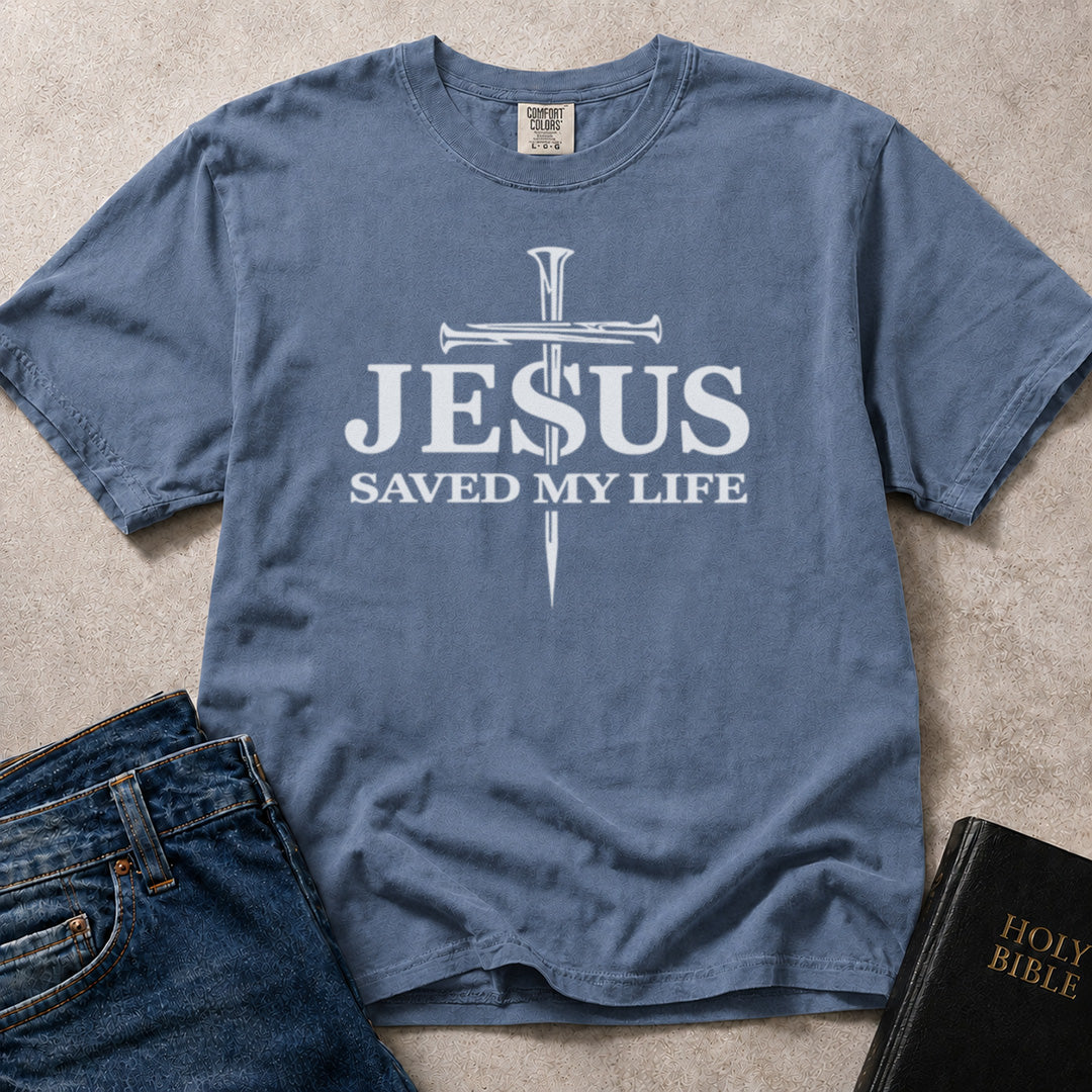 Jesus Saved My Life text with cross design on blue (Blue Jean) Comfort Colors 1717® t-shirt.