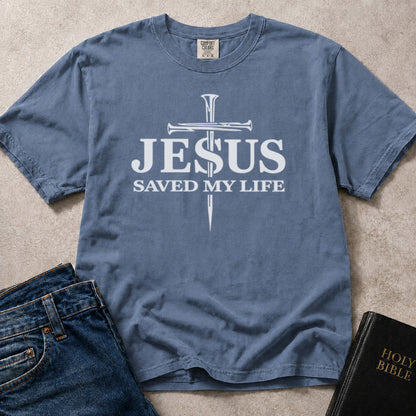 Jesus Saved My Life text with cross design on blue (Blue Jean) Comfort Colors 1717® t-shirt.