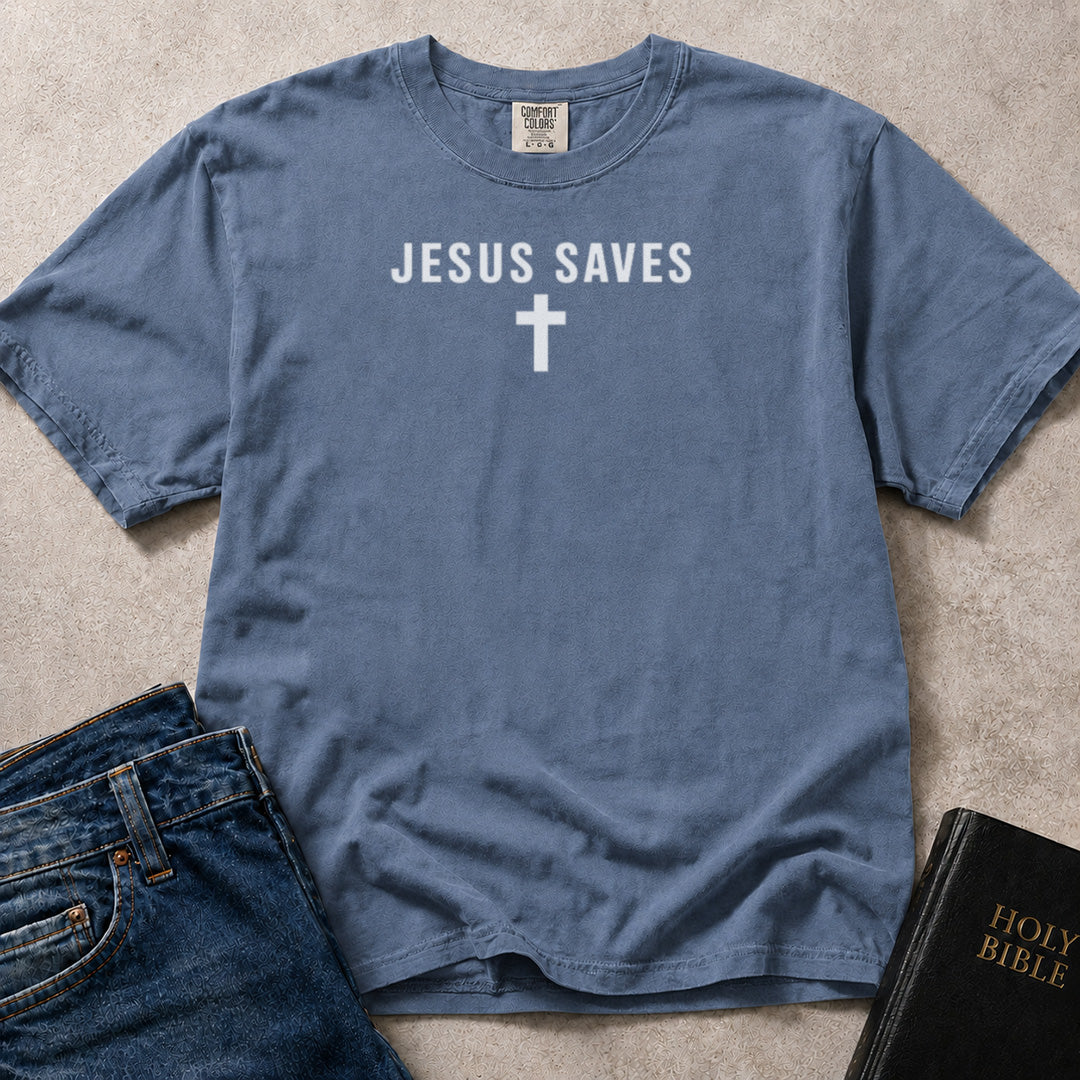 Jesus Saves religious expression on blue (Blue Jean) Comfort Colors 1717® t-shirt.